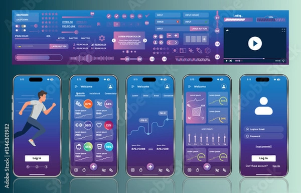 Fototapeta A sleek fitness app interface template featuring responsive design elements, including dashboards, charts, and statistics. Perfect for tracking health, weekly progress, and sports activities