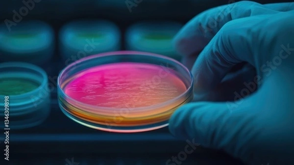 Fototapeta Close up View of a Researcher Carefully Analyzing Cancer Cell Growth in a Colorful Petri Dish Using Innovative and Detailed Laboratory Equipment and Techniques for Medical Research and Discovery
