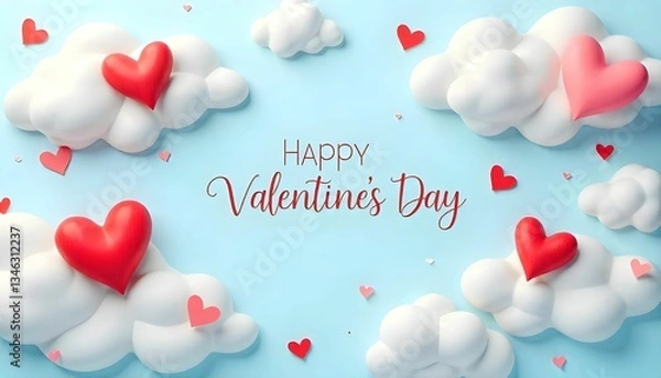 Fototapeta "A dreamy and romantic Valentine's Day-themed illustration featuring fluffy, white clouds floating against a pastel blue sky.The lighting is soft and diffused, enhancing the ethereal background.
