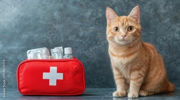 Fototapeta Adorable orange tabby cat sitting calmly beside a neatly arranged and pet first aid kit displaying all the essential medical supplies and equipment needed for emergency pet care and treatment