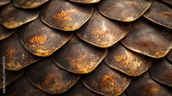 Fototapeta A close-up of a pangolin's overlapping keratin scales, each uniquely textured and subtly tinted with earthy hues. The lighting is dramatic yet soft, casting delicate highlights that bring out the ru