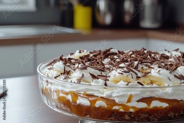Fototapeta Banoffee Pie (UK) A rich banoffee pie with a visible cross-section showcasing layers of banana slices