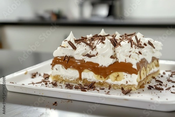 Fototapeta Banoffee Pie (UK) A rich banoffee pie with a visible cross-section showcasing layers of banana slices