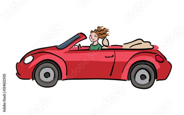 Obraz Happy woman driving red cabriolet car, vector