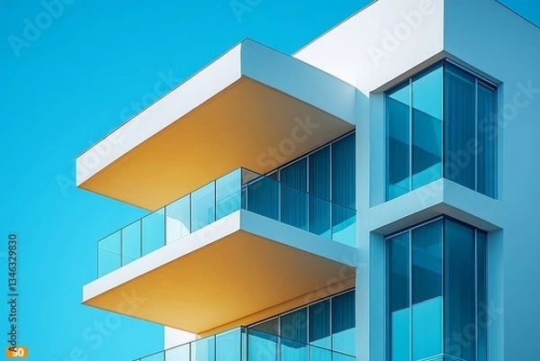 Fototapeta Exterior of an apartment building with white and blue color scheme, balconies, glass railings, and architectural details against a clear sky.