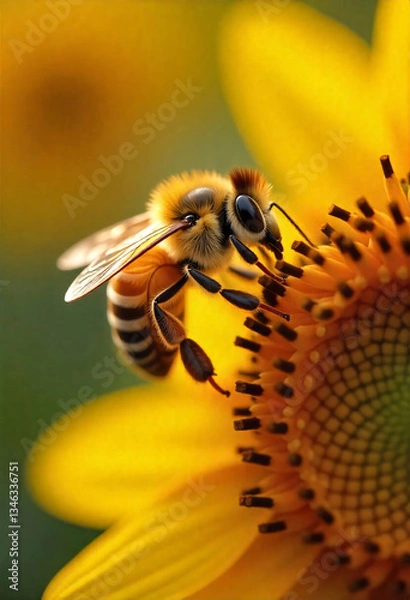 Fototapeta Close-Up of a Honeybee Collecting Nectar on a Bright Yellow Sunflower with Detailed View of Petals, Pollen, and Intricate Wings