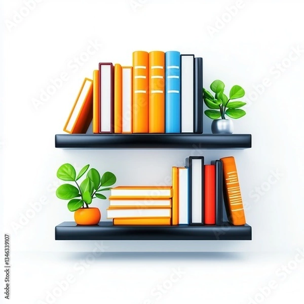 Fototapeta Colorful Books on Shelves with Green Plants on White Background for Modern Interior Decor Inspiration