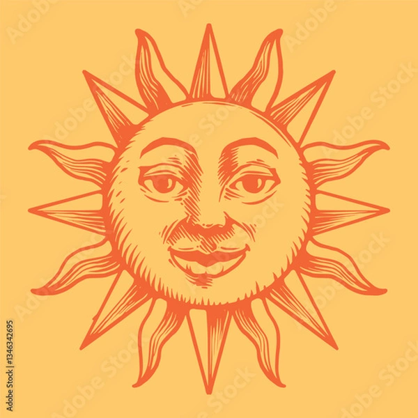 Obraz Sun with a face engraving style hand draw