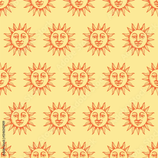 Obraz Seamless pattern sun with a face engraving style hand draw
