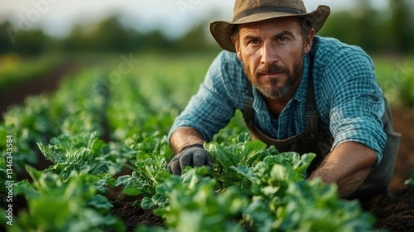 Fototapeta A farmer tending crops in the rows of a green vegetable field