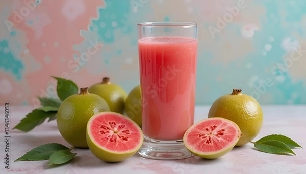 Fototapeta A chic glass of pink guava juice paired with succulent green grapes, creating a delightful and refreshing visual treat.