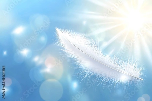 Fototapeta A soft focus shot of a beautiful white feather on a blurred light blue background results in an abstract, artistic, and airy image that embodies the freshness of nature, ideal for use as a wallpaper
