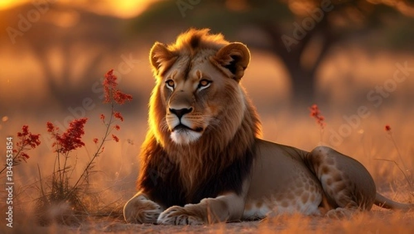 Fototapeta The background is a dreamy blur of warm oranges and soft browns, creating a serene and ethereal atmosphere. The scene captures the tranquility and grandeur of the wild."