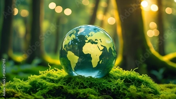 Fototapeta A serene and eco-friendly concept image featuring a transparent glass globe with a golden world map, resting on lush green moss in an enchanted forest.