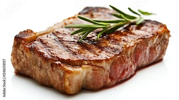 Fototapeta A slice of succulent steak on a plain white background