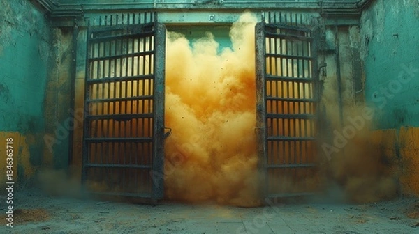 Fototapeta Escape from confinement: A surreal image of  open prison gates and a burst of golden dust.  Symbolising freedom, breaking free, and the unknown.