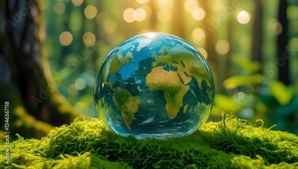 Fototapeta The sun's golden rays gently filter through the tall trees, casting a warm glow and producing a mesmerizing bokeh effect in the background.