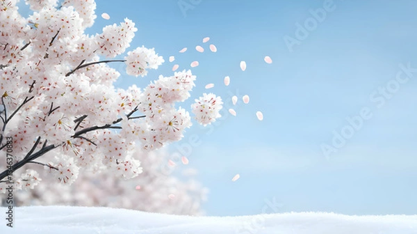 Obraz Cherry Blossoms On Snow Covered Branches Against A Light Blue Sky