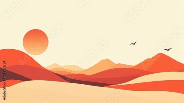 Fototapeta Desert Sunset Landscape with Birds Soaring, and Minimalist Art.