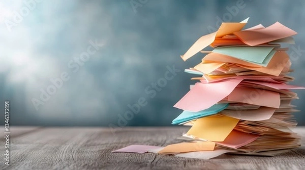 Obraz A chaotic yet organized stack of colorful sticky notes resting on a wooden table highlights concepts of planning, organization, and creative brainstorming.