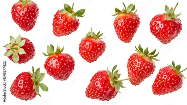 Fototapeta Ripe red strawberries falling on transparent background