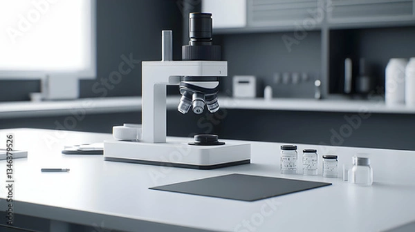 Obraz White Laboratory Microscope With Glass Vials And Bottles On A Clean White Desk With Neutral Gray Background Lighting