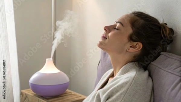 Fototapeta Woman enjoying a relaxing aromatherapy session with lavender oil while inhaling calming scents for stress relief