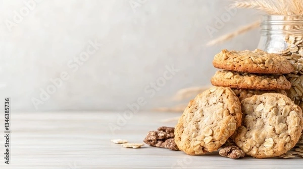 Fototapeta This heartwarming image features a stack of artisan oatmeal cookies surrounded by grains, showcasing the wholesome ingredients and inviting rustic vibe of homemade treats.