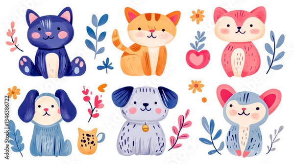 Fototapeta Adorable pets sticker set with playful puppies, kittens, fox, and chinchilla