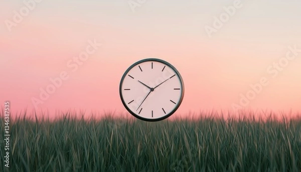 Obraz Daylight saving time begins concept. Floating clock above grass at sunset, symbolizing time and nature's tranquility.