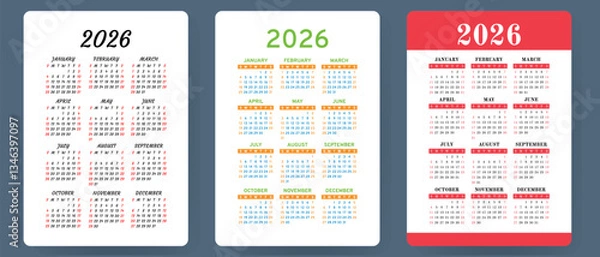 Fototapeta Calendar 2026. Colorful vector set. Pocket calender collection. Week starts on Sunday. Basic grid template for print