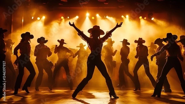 Obraz Silhouette of Line Dancers at Country Western Dance Party with Dramatic Stage Lighting