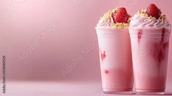 Fototapeta A delectable pink strawberry milkshake topped with whipped cream and fresh strawberries, perfect for refreshing summer treats and indulgent desserts that please the palate.