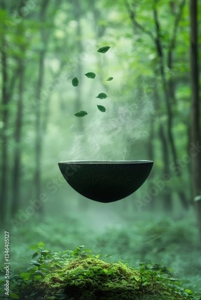 Obraz A dreamlike setting of a floating ramen bowl in a misty forest.