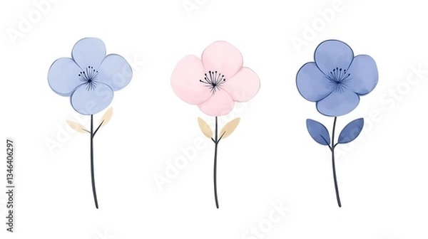 Fototapeta Three Simple Watercolor Flowers In Soft Pastel Hues Stand Alone