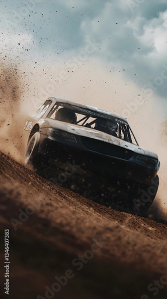 Fototapeta A dirt track racer rounding a bend, with the car kicking up dirt and the driver navigating with precision.


