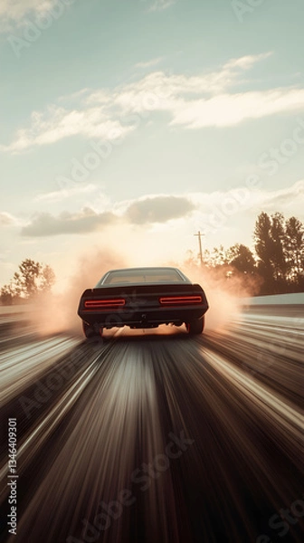 Fototapeta A drag car racing down the strip, with a trail of exhaust and speed behind it, preparing for the finish.

