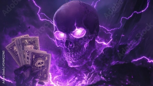 Obraz A menacing purple skull with glowing eyes, holding a fan of tarot cards, surrounded by dynamic purple lightning. Ideal for dark, gothic, and mystical designs.. AI Generation