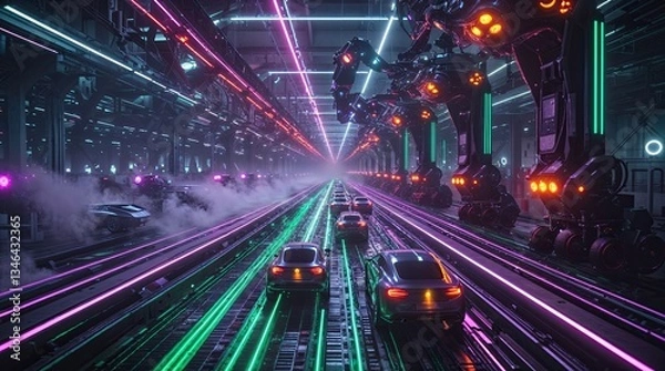 Fototapeta Illuminated by vibrant neon lights, a fleet of autonomous cars moves along assembly lines in a futuristic automotive factory, guided by robotic arms and drones. Issue of human jobs being replaced