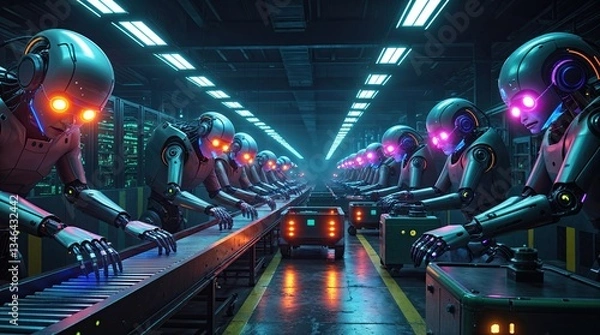 Fototapeta Rows of robots with glowing eyes working on an assembly line in a futuristic, neon-lit factory, showcasing automation and advanced technology. Issue of human jobs being replaced