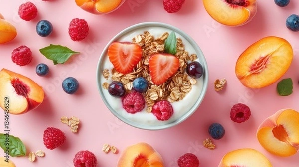 Fototapeta A bowl of yogurt with granola and fresh berries on a soft peach background