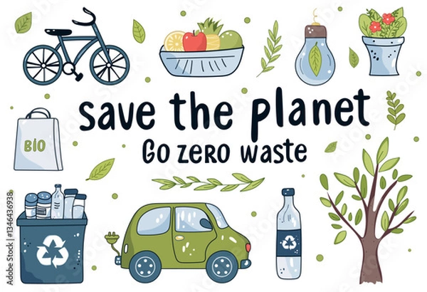 Fototapeta Various symbols and objects related to environmental conservation and sustainability, such as a bicycle, a car, a bowl of fruit, and a tree. Environment banner