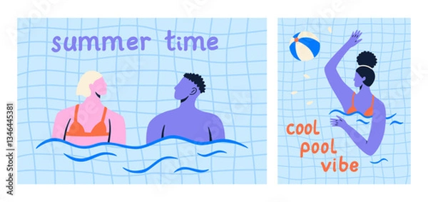 Fototapeta Set of a summer pool background. Man and womans swimming, diving. Summer colorful vector illustration for card, poster, design.