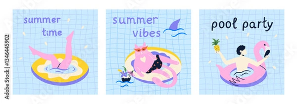 Fototapeta Summer set of posters with swimming characters in pool. Cat and people relaxing on float donut and flamingo. Vector design.