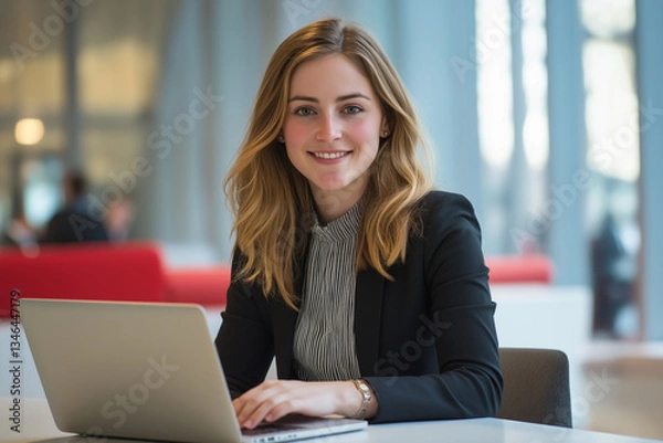 Obraz Portrait of a smiling business woman working on a laptop 
