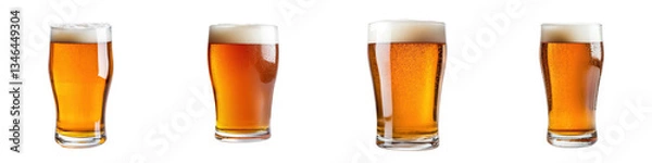 Fototapeta Four glasses filled with amber colored craft beer showcasing the rich color and foamy head that are characteristic of a traditional draft beer
