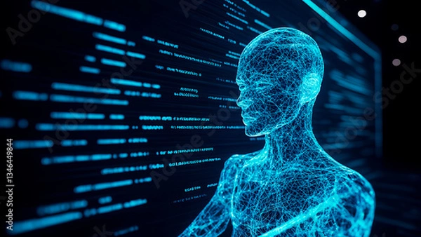 Fototapeta human from neural connections and digital computer code, silhouette of a man. concept of humanity artificial intelligence. Generative Ai