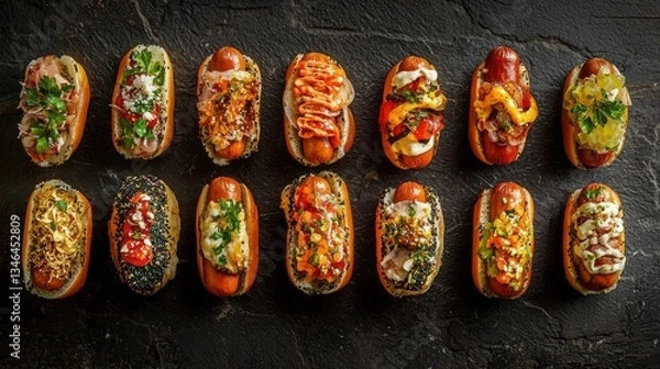 Fototapeta Set of unique hot dogs with a variety of toppings. Above view on a dark stone background. 