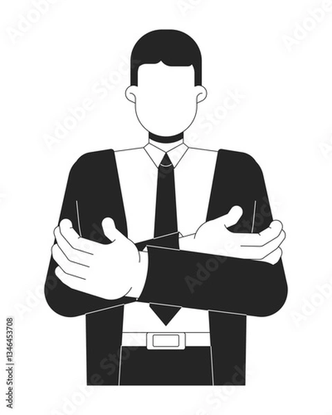 Obraz Faceless black hair businessman with arms crossed 2D line character. Executive figure. Authority business. Corporate leader man isolated vector ink outline person. Monochromatic spot illustration