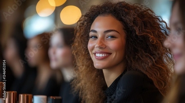 Fototapeta A group of beauty professionals attending a cosmetic business seminar, networking and discussing industry trends
